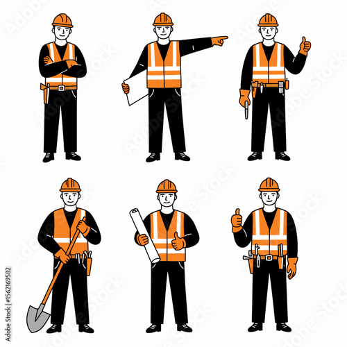 Six illustrations of a construction worker in different poses wearing safety gear and holding tools.