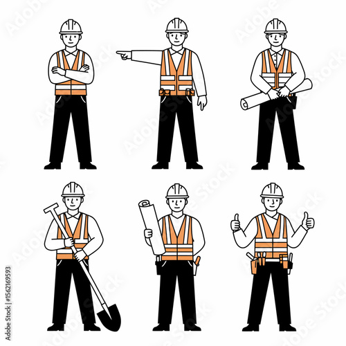 Six illustrations of construction workers in various poses, wearing hard hats and safety vests.