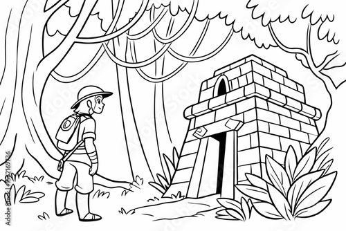 Coloring page of an explorer hero discovering a hidden temple in a dense jungle. Adventure theme, simple line art, showing ancient ruins and vines, black and white