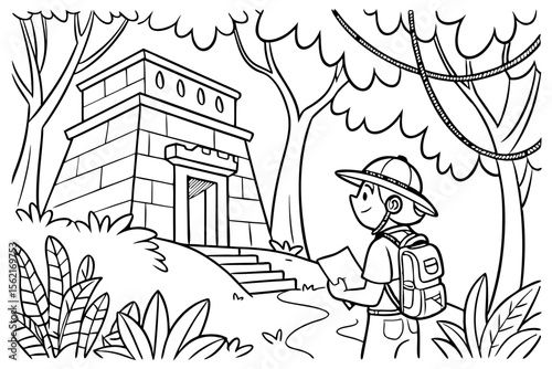 Coloring page of an explorer hero discovering a hidden temple in a dense jungle. Adventure theme, simple line art, showing ancient ruins and vines, black and white
