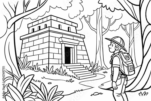 Coloring page of an explorer hero discovering a hidden temple in a dense jungle. Adventure theme, simple line art, showing ancient ruins and vines, black and white