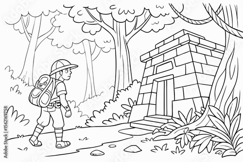 Coloring page of an explorer hero discovering a hidden temple in a dense jungle. Adventure theme, simple line art, showing ancient ruins and vines, black and white