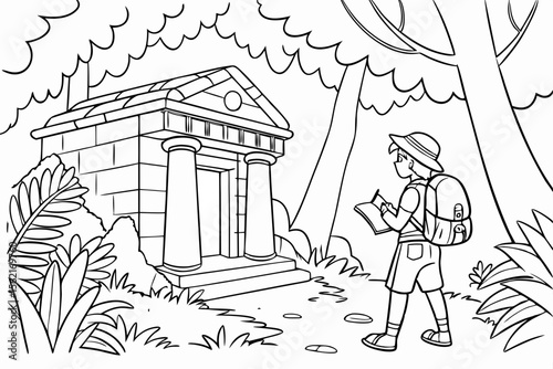 Coloring page of an explorer hero discovering a hidden temple in a dense jungle. Adventure theme, simple line art, showing ancient ruins and vines, black and white