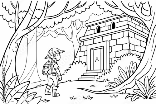 Coloring page of an explorer hero discovering a hidden temple in a dense jungle. Adventure theme, simple line art, showing ancient ruins and vines, black and white