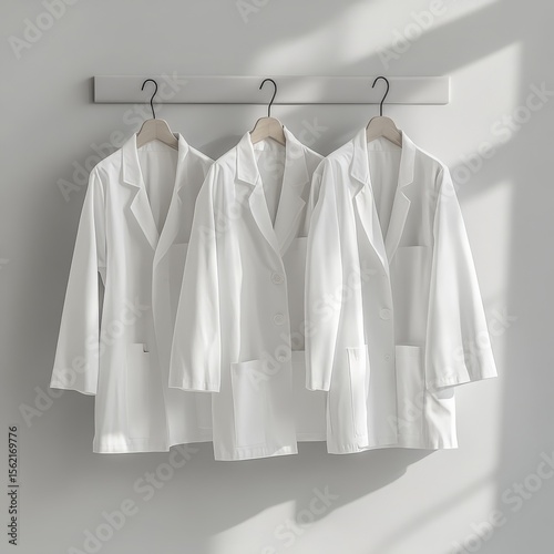 Three pristine white lab coats hanging neatly in a bright and clean room