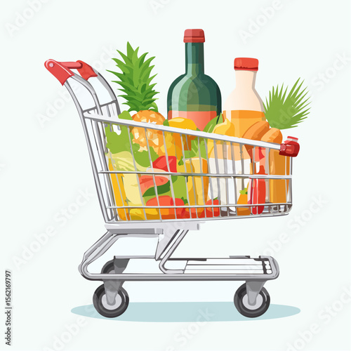 Full Shopping Cart with Fresh Produce and Drinks