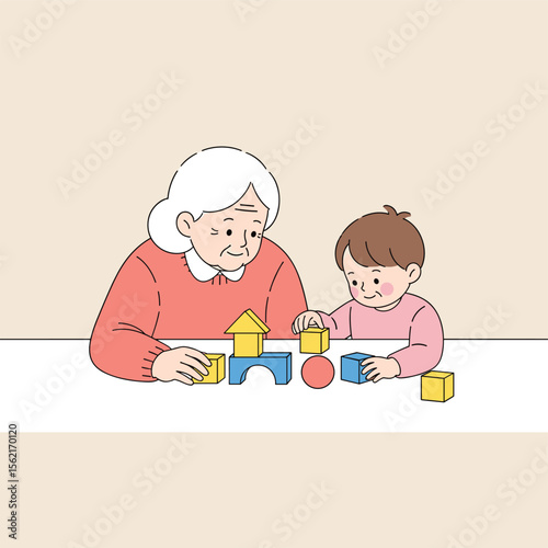 Grandmother and Child Playing with Building Blocks, Intergenerational Bond Illustration, Family Fun Concept