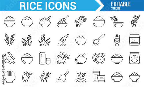 Various rice and food-related icons depicting grains, rice dishes, and cooking tools.