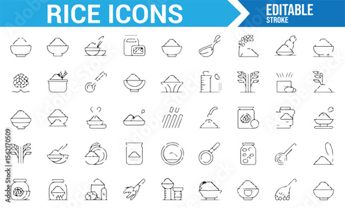 Collection of minimalist rice-related symbols representing farming, cooking, and meals.