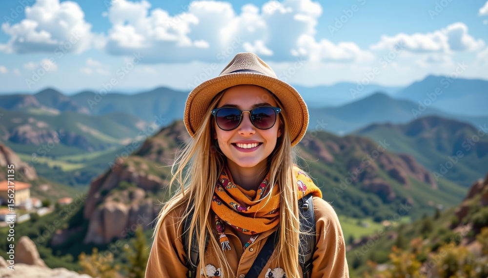 Naklejka premium a woman posing for a photo with a scenic mountain backdrop. she is wearing sunglasses and a hat, a backpack slung over her shoulder, and has long hair
