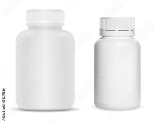 White plastic pill bottle. Supplement jar set, vector mockup. Pharmacy pill package cylinder pack illustration. Drug capsule tablet bottle, prescription medication antibiotic