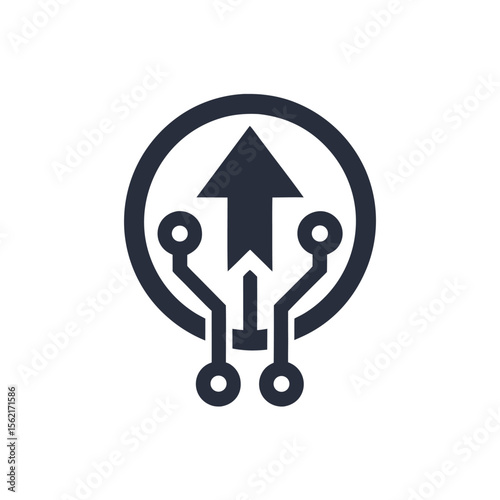 Dark blue circuit board arrow symbol on white background technology