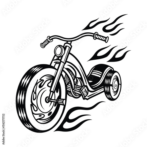 Vintage Chopper Motorcycle with Flames – Bold Biker Graphic for T-Shirt Print , Flaming Chopper Motorcycle Illustration – Black and White Vintage Biker Design .