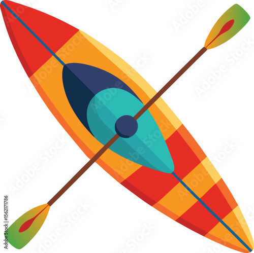Angled colorful kayak with paddles in dynamic top-view flat vector
