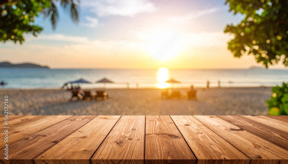 Naklejka premium Serene Sunset Beach Wooden Tabletop Summer Vacation Background.
