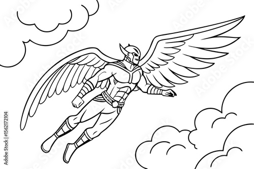 Gatotkaca, the mighty hero from Indonesian mythology, flying through the clouds. Simple line art style for a coloring page, black and white