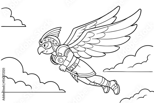 Gatotkaca, the mighty hero from Indonesian mythology, flying through the clouds. Simple line art style for a coloring page, black and white