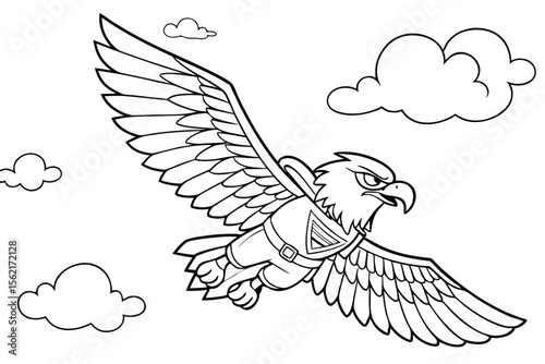 Gatotkaca, the mighty hero from Indonesian mythology, flying through the clouds. Simple line art style for a coloring page, black and white