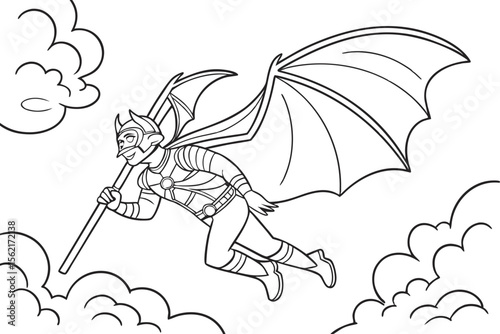 Gatotkaca, the mighty hero from Indonesian mythology, flying through the clouds. Simple line art style for a coloring page, black and white