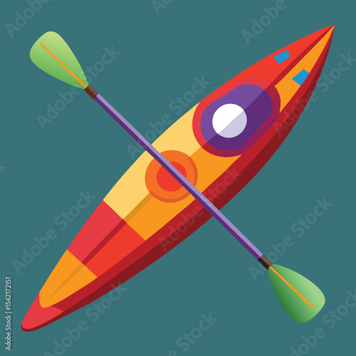 Bright kayak with dual paddles in top view colorful flat vector style