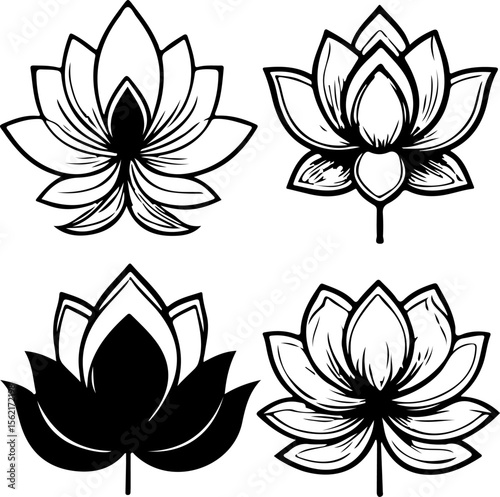 Water Lily Silhouette Vector Set, Water Lily Outline Vector Art, Water Lily Flower Silhouette Collection, Set of Water Lily Vector Illustrations, Botanical Water Lily Silhouette Set, Minimalist Water 