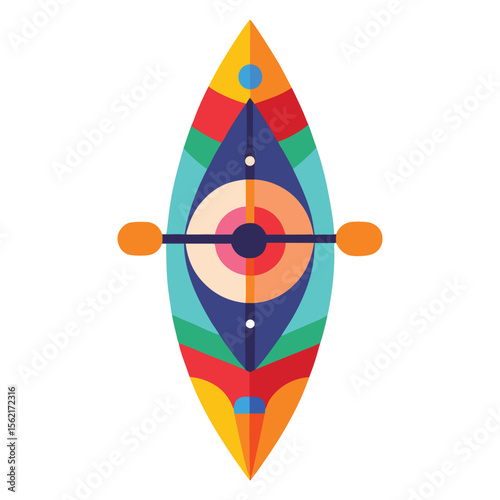 Simplified flat top-view design of compact orange kayak and paddle set
