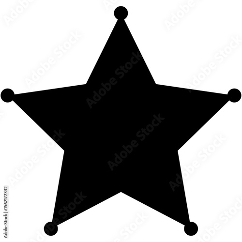 Sheriff's badge, solid black badge icon shaped like five pointed star with isolated background. Typically symbolizes authority, achievement or law enforcement.