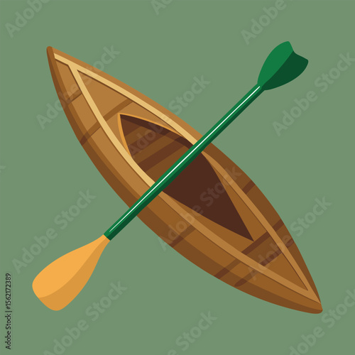 Classic brown wooden kayak with crossed paddles in top-view flat design