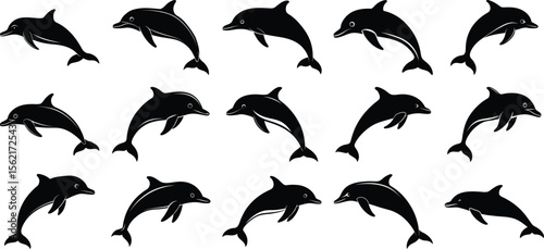 A set of dolphin silhouette vector art, on white background.
