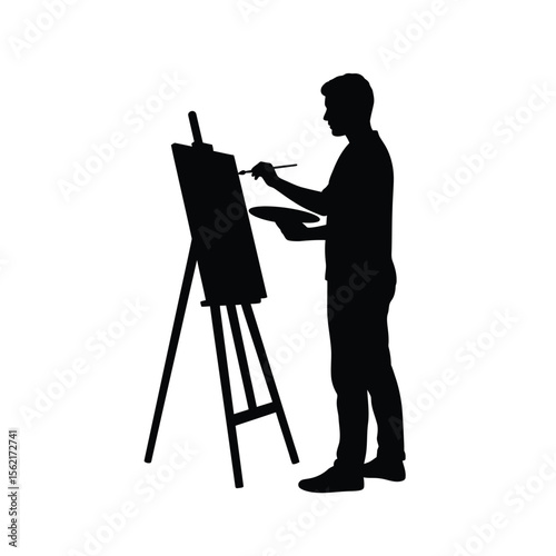 A male painter stands on a ladder, brush in hand, working on an easel in her studio