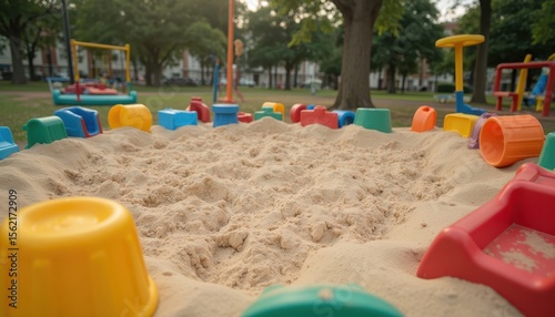 Wallpaper Mural long shot of a mobile sand area in a public park surrounded by colorful plastic toys, empty but ready for play Torontodigital.ca