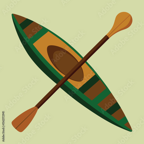 Flat green vintage kayak and paddle in classic top-view vector design