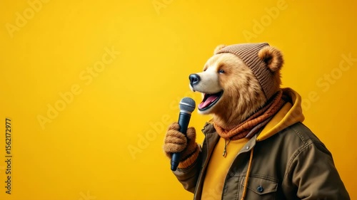 Dressed bear singing into a mic