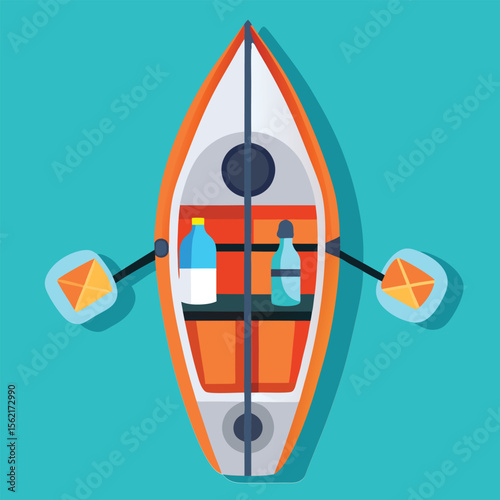 Top view of camping kayak with full equipment kit in flat vector style