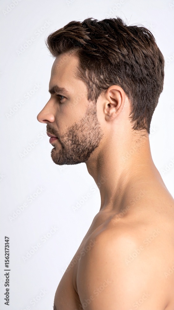 Fototapeta premium Profile of a Handsome Man with Short Brown Hair and a Beard.
