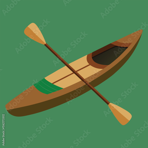 Natural-toned wooden kayak in isometric top view flat vector style