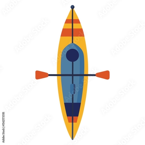 Red kayak with crossed paddles in clean top view flat vector style