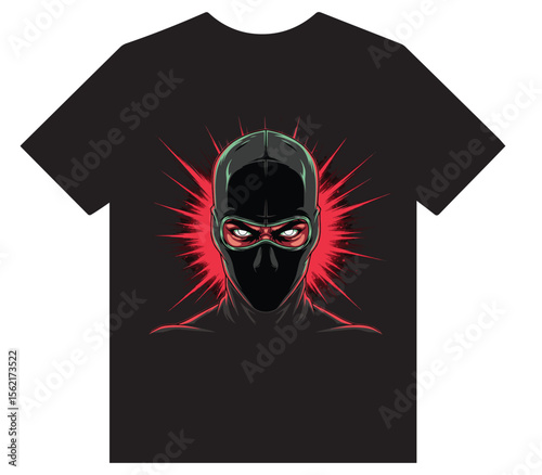 Stealthy Ninja Assassin Head with Red Burst Background - Dark Heroic Masked Vigilante T-Shirt Design