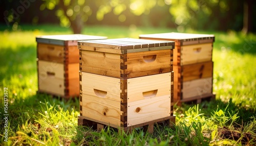 Three Wooden Beehives in a Sunny Meadow.