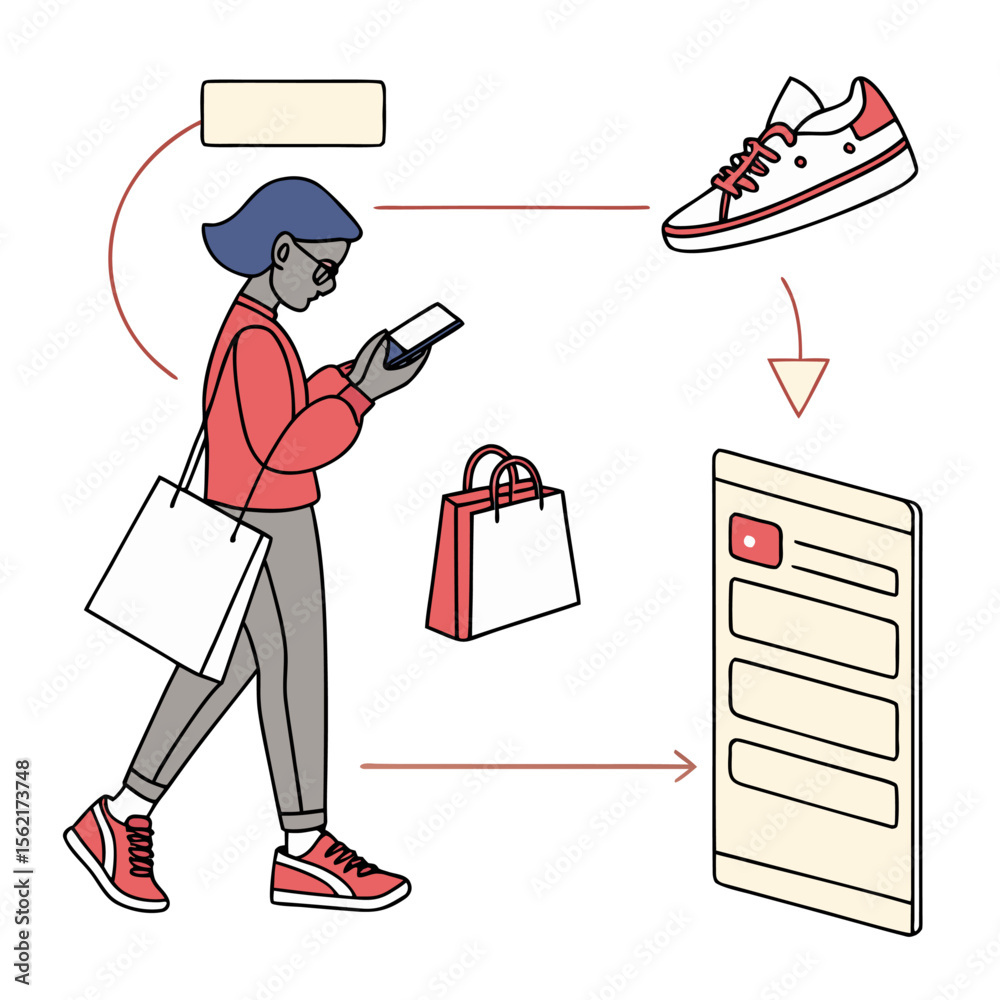  Mujer joven con bolsas de compras mirando su teléfono mientras busca y compara productos como zapatillas en una aplicación móvil.
