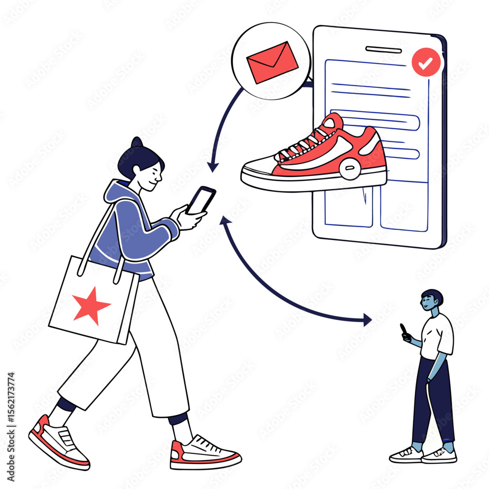  Ilustración de una mujer joven realizando una compra de zapatillas a través del móvil, con comunicación representada entre usuarios.

