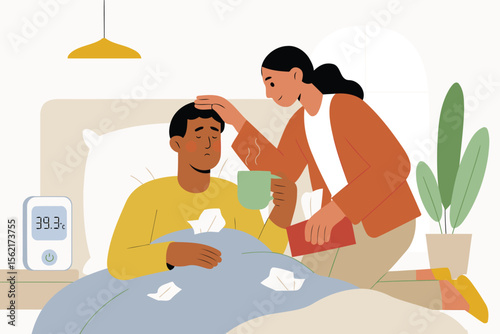 Caring Woman Comforts Sick Man in Bed with Tea and Tissues – Flat Style Illustration