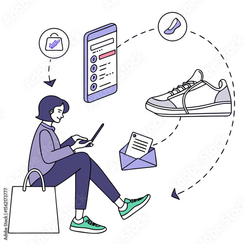  Mujer sentada con portátil y bolsa de compras, gestionando un pedido de zapatos deportivos en una plataforma digital.
