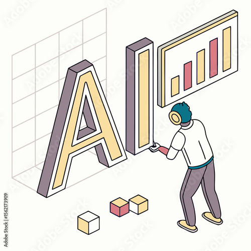  Hombre con auriculares interactuando con letras “AI” y gráficos en una representación isométrica de análisis de datos.
