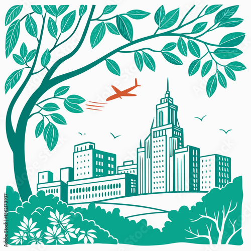  Ciudad con edificios altos y naturaleza alrededor, con un avión cruzando el cielo y ramas que enmarcan la escena.
