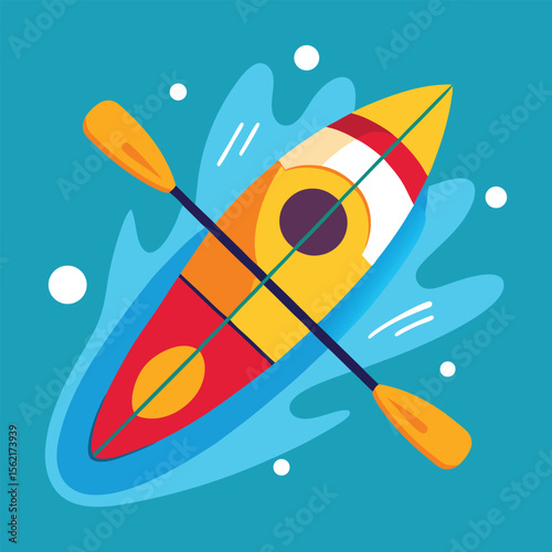 Top view sport kayak in action with splash and paddles flat vector