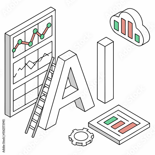  Composición isométrica con letras “AI”, gráficos de líneas, engranaje, nube y escalera, simbolizando tecnología de datos.
