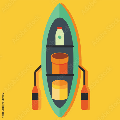 Yellow minimal kayak with camping gear in top view flat vector style