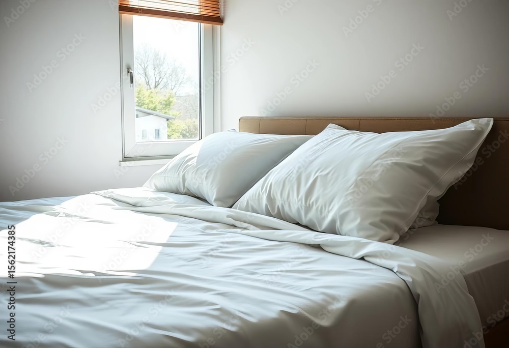 Obraz premium Unmade bed, two pillows, sunlight through window, lifestyle, serene