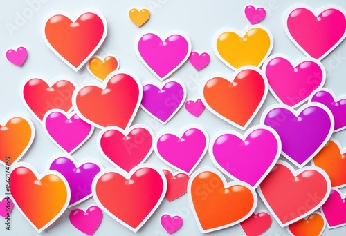 Vibrant heart stickers in rainbow hues, perfect for Valentine's Day gifting, design, graphics